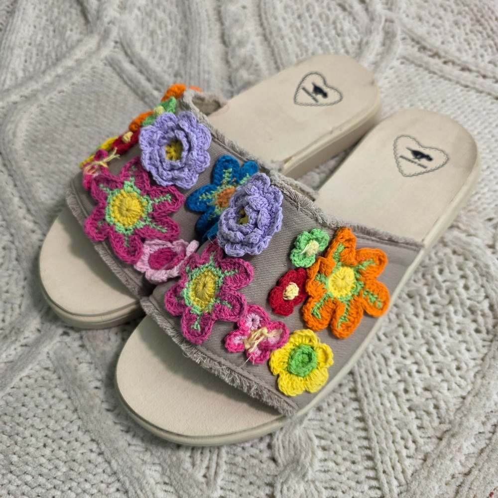 Rocket Dog Slide Sandals Tan Crochet Flower Boho Womens 10 Excellent